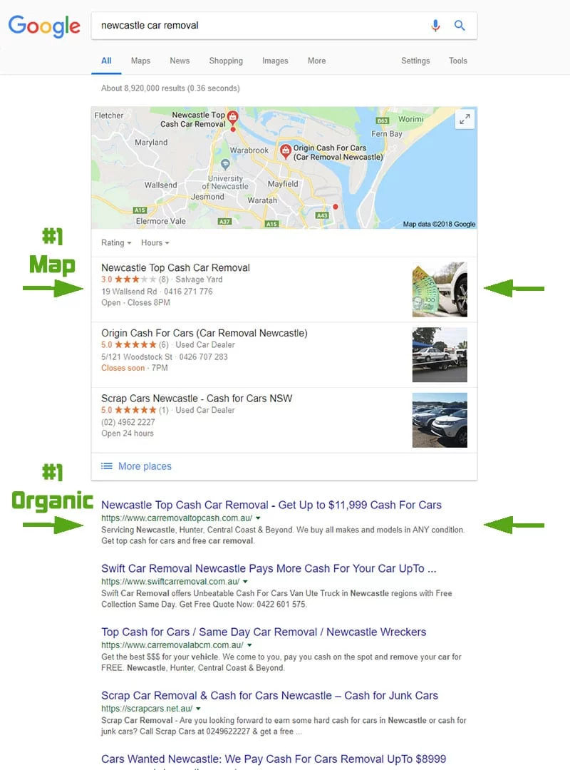Google search results from "newcastle car removal" search in Nov 2018