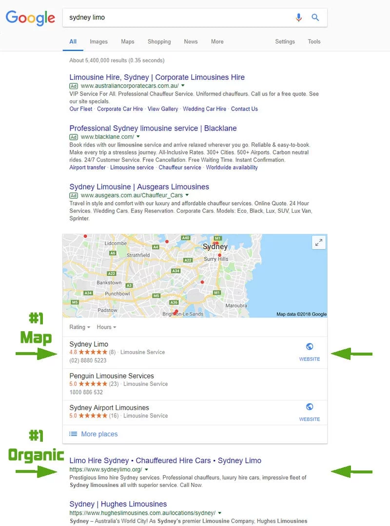 Google search results from "sydney limo" search in Nov 2018
