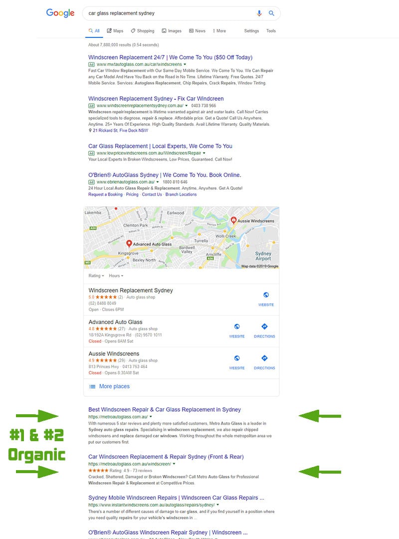 Google search results from "car glass replacement sydney" search in Aug 2019